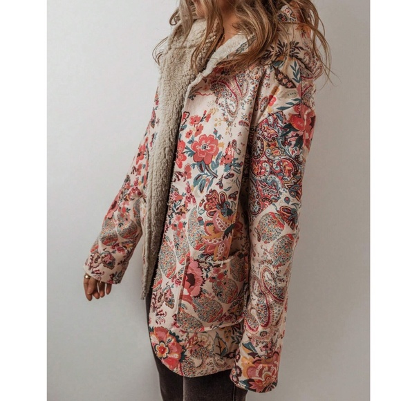Cozy Floral Print Teddy Lined Pockets jacket Coat - Picture 5 of 10